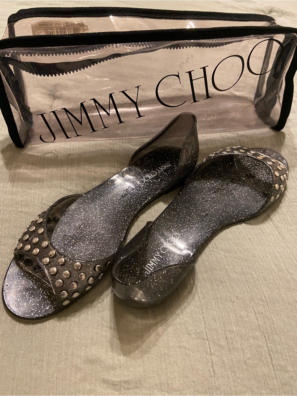 Jimmy Choo Black Glitter Studded Jelly Peep-Toe Flats